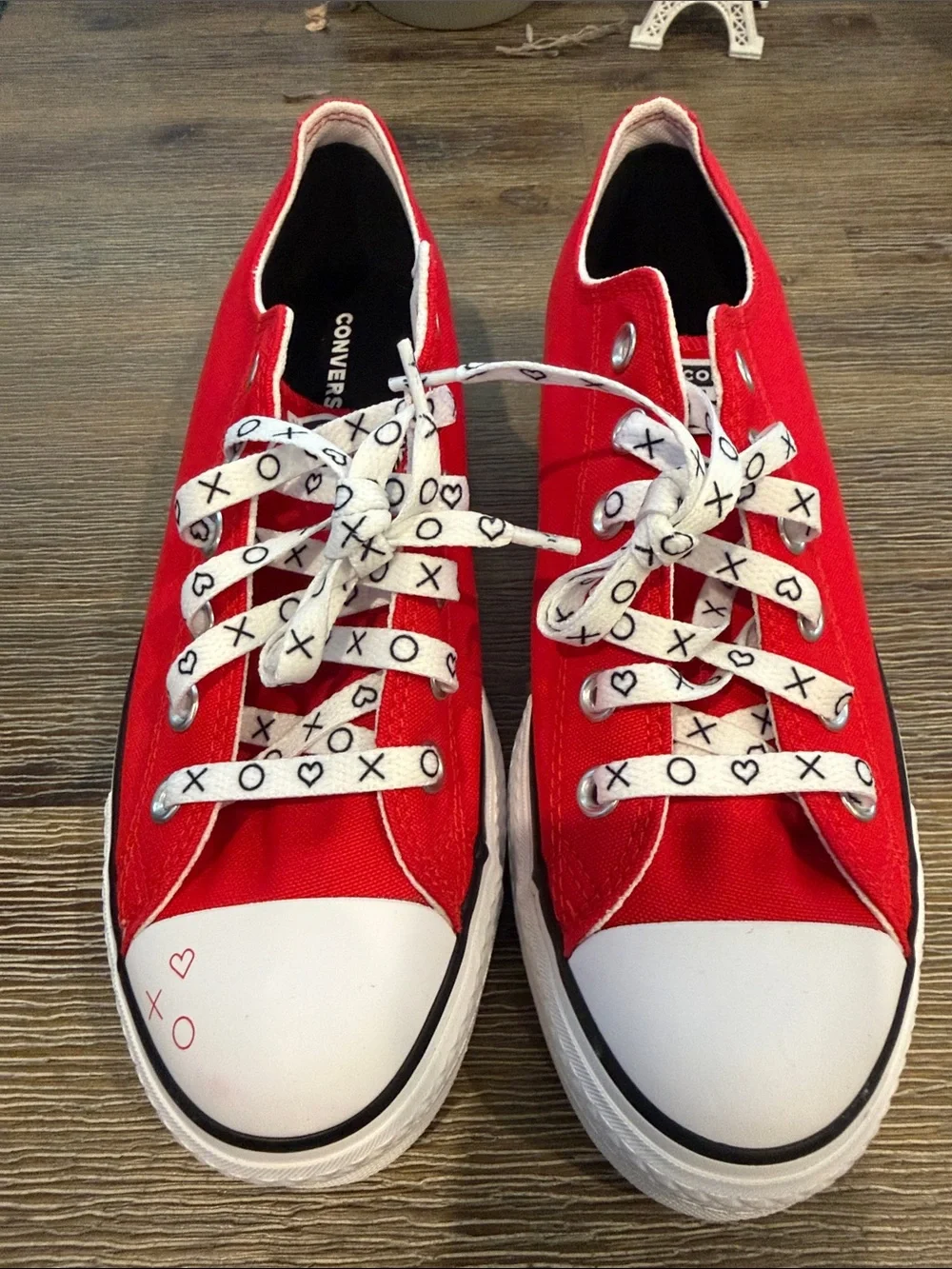Converse Kids Red Canvas Low Top Sneakers with White XO Heart Laces